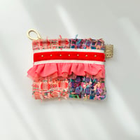 ポーチミニ（ England pink Blue patchwork tweed ・White red ribbon coral pink frill)