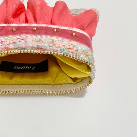 ポーチミニ（England Pastel  tweed ・baby pink pink ribbon coral pink frill)