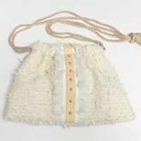 巾着バッグ　Ｓサイズ　ヨコ（Japan  White tweed・White beige ribbon White frill）