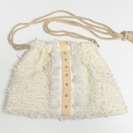 巾着バッグ　Ｓサイズ　ヨコ（Japan  White tweed・White beige ribbon White frill）