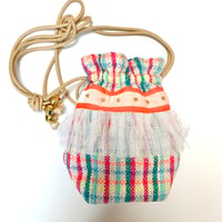 巾着バッグ　ミニサイズ（France tweed・neonorange Ivory ribbon White frill )