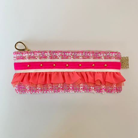 ペンケース（England tweed・pink ribbon pink frill)