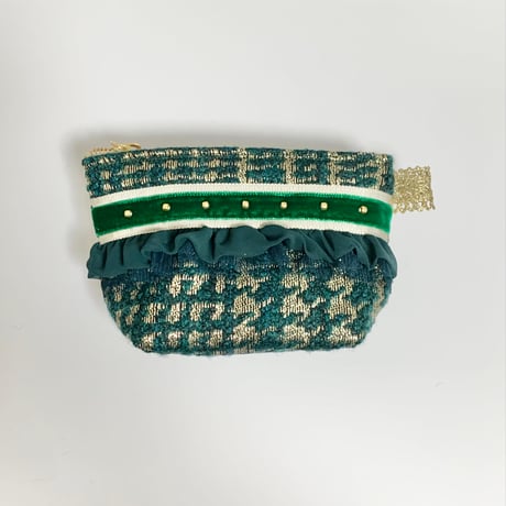 ポーチマチ付き（France gold Green  tweed・White Green ribbon Green frill)