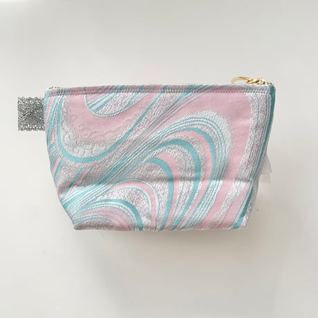 ポーチマチ付き（pink sky blue wave 西陣織 ・ White  baby pink  ribbon)