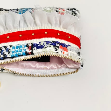 ポーチミニ（ England  tricolore patchwork tweed ・White red ribbon White frill)
