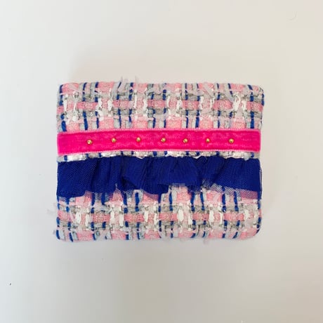 ティッシュケース( England tweed ・pink ribbon blue frill  )