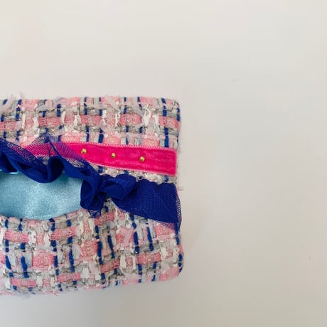 ティッシュケース( England tweed ・pink ribbon blue frill  )
