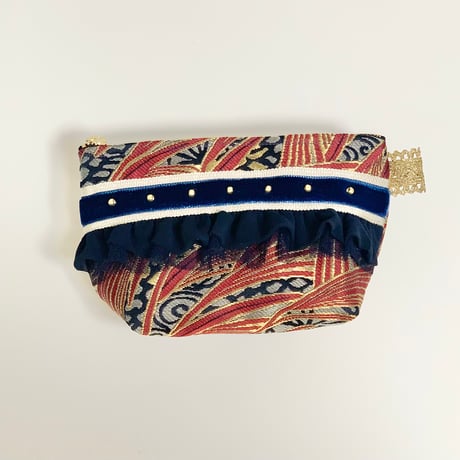 ポーチマチ付き( silver grass 西陣織 ・beige navy  ribbon)