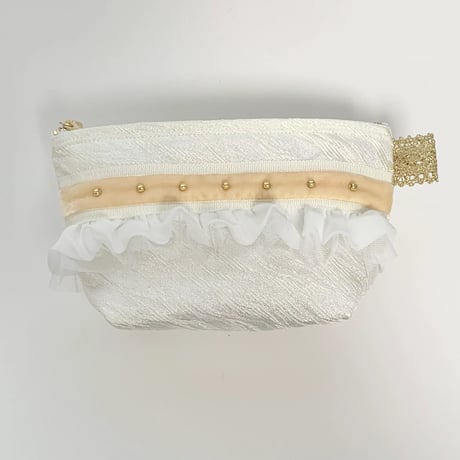 ポーチマチ付き（White flame 西陣織 ・ White beige  ribbon)