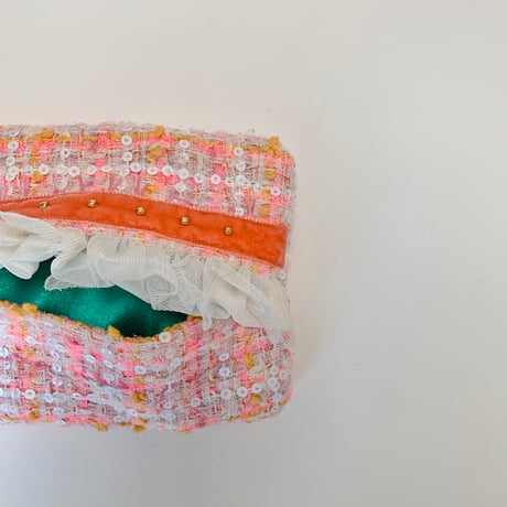 ティッシュケース( England tweed ・orange ribbon  white frill  )