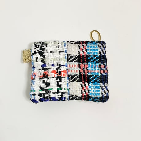 ポーチミニ（ England  tricolore patchwork tweed ・White red ribbon White frill)