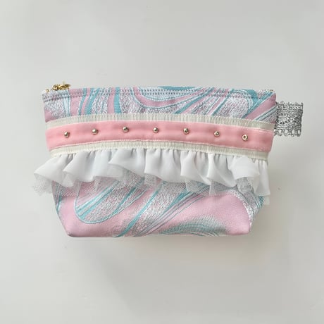 ポーチマチ付き（pink sky blue wave 西陣織 ・ White  baby pink  ribbon)