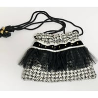 巾着バッグ　Ｓサイズ　ヨコ（Japan White Black check tweed・White Black ribbon Black frill）