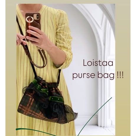 巾着バッグ　Ｓサイズ　ヨコ（France l fabric・ Black khaki ribbon Black frill)