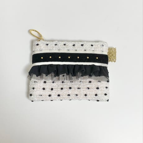 ポーチミニ（Japan White Black dot tweed ・White Black ribbon Black frill)