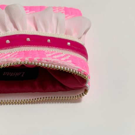 ポーチミニ（France neon pink  tweed ・ White neon pink ribbon White frill)