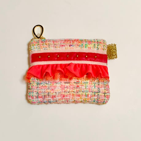 ポーチミニ（England Pastel  tweed ・baby pink pink ribbon coral pink frill)