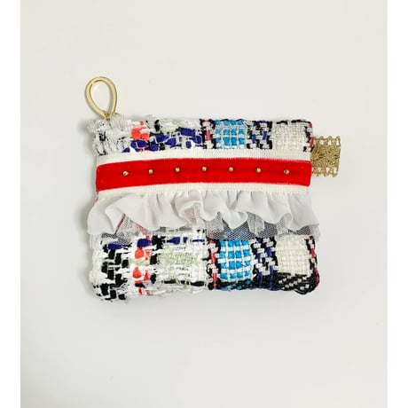 ポーチミニ（ England  tricolore patchwork tweed ・White red ribbon White frill)