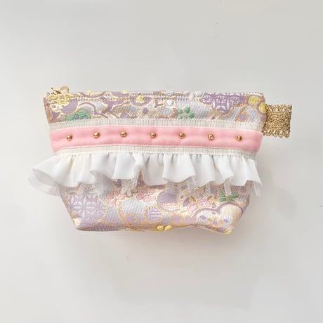 ポーチマチ付き（pinkpurpleflower 西陣織 ・ White pink  ribbon)