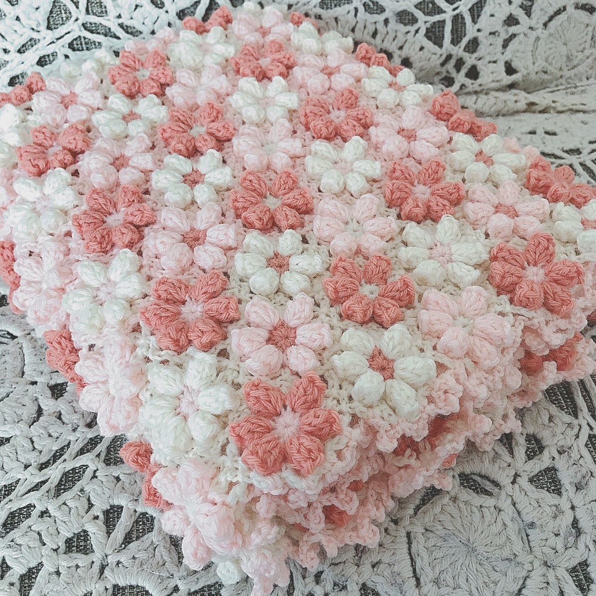 受注製作】お花モチーフのブランケット ピンク 手編み | Vintage