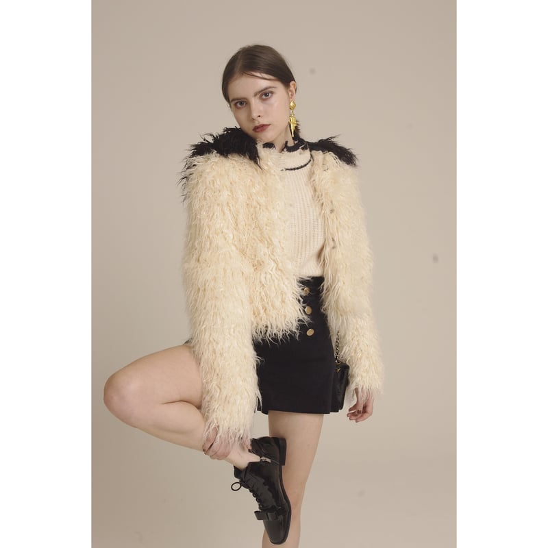 hood 2way volume fur coat bi color white pine