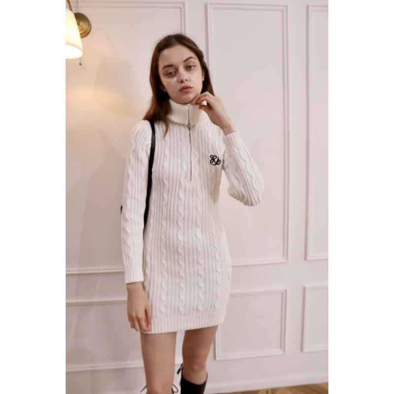 Eé half zip cable knit onepiece white | épine Eé half zip cable knit onepiece white | épine