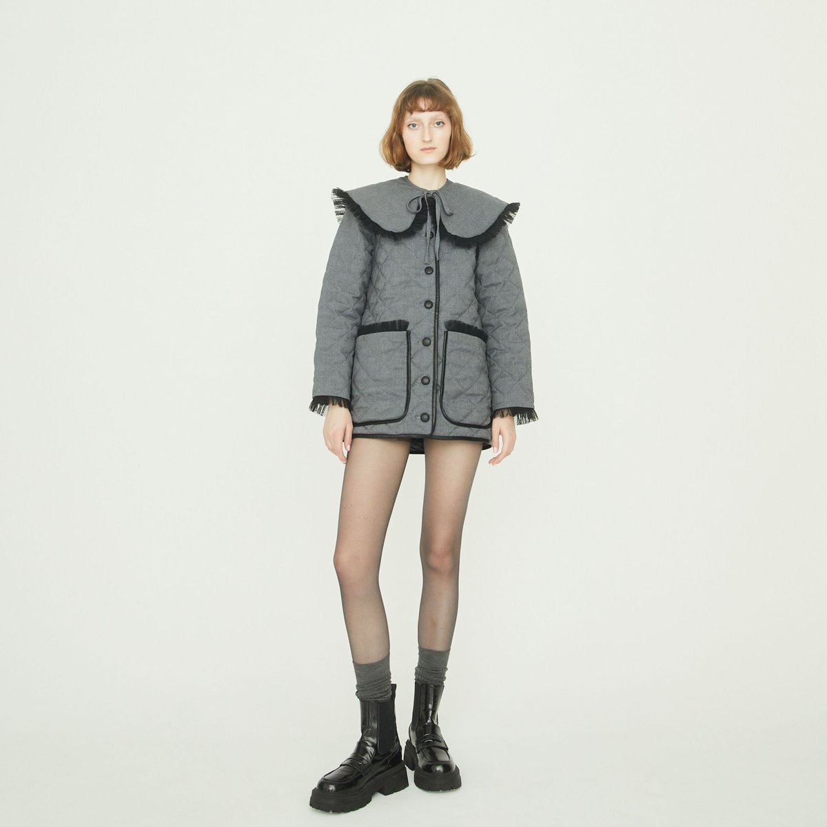 collar 2way tulle piping quilting down coat gra