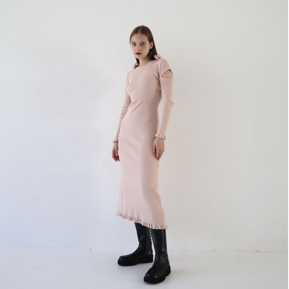 velours ribbon rib frill onepiece baby pink