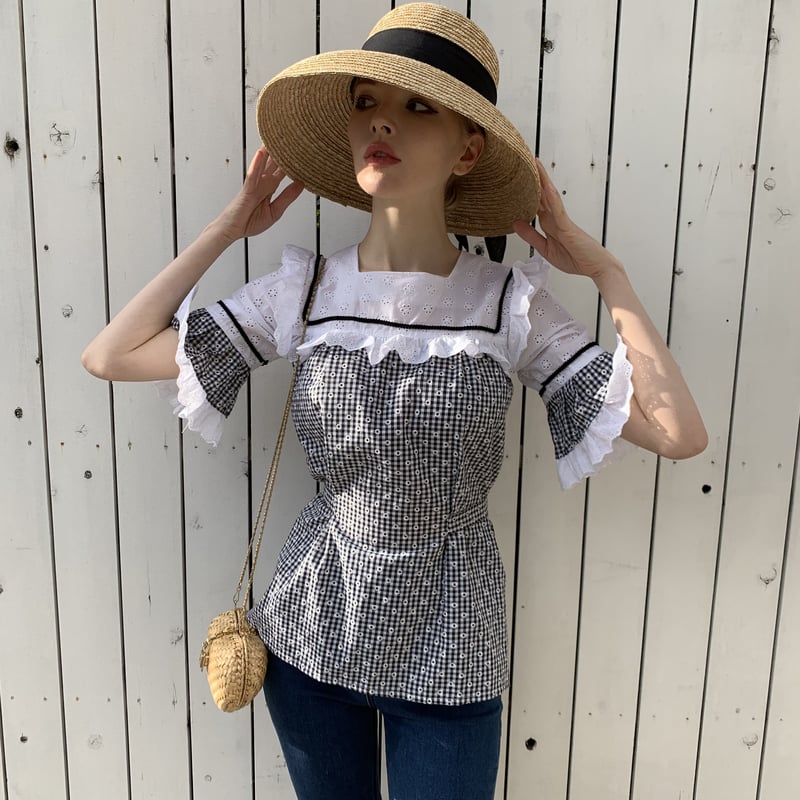 cotton lace×gingham check frill blouse | épine cotton lace×gingham check frill blouse | épine