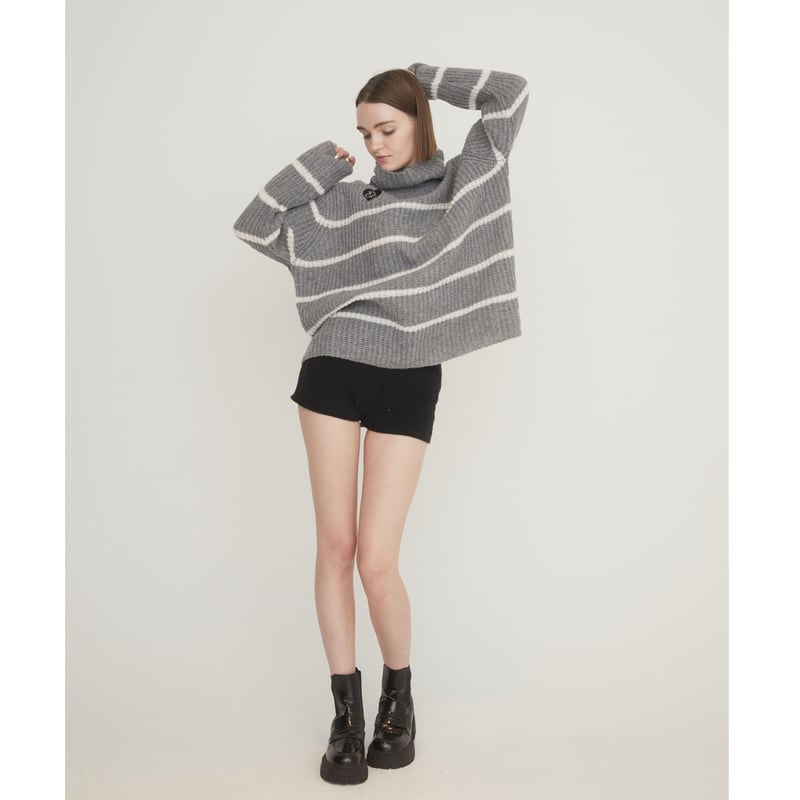 ♡Éé high neck big border knit gray | épine