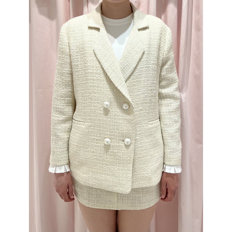 back ribbon Pearl pleats frill jacket tweed iv...