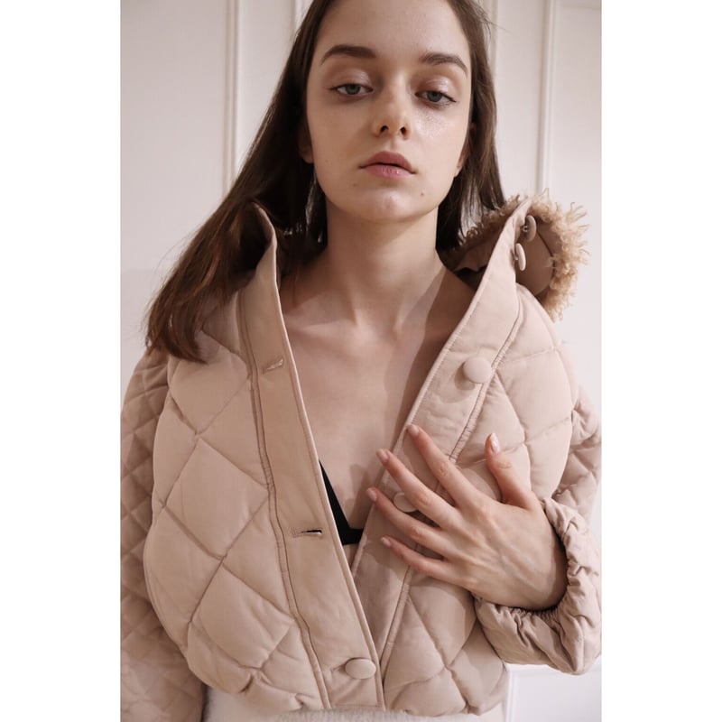 fur ribbon quilting short down coat pink beige