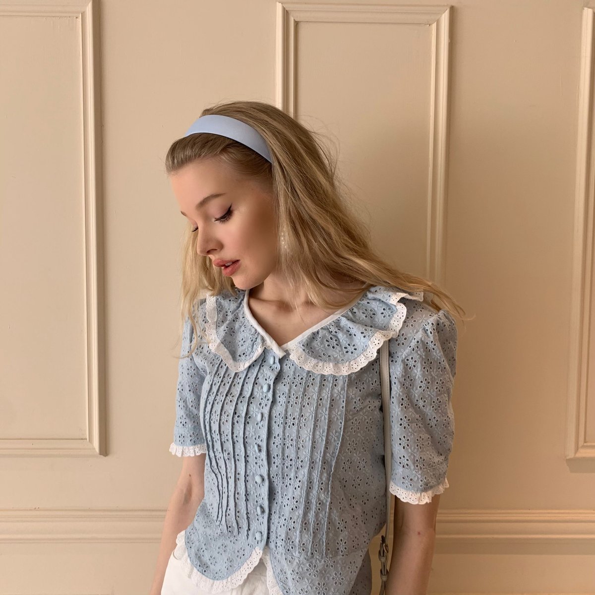 all lace frill blouse ice blue