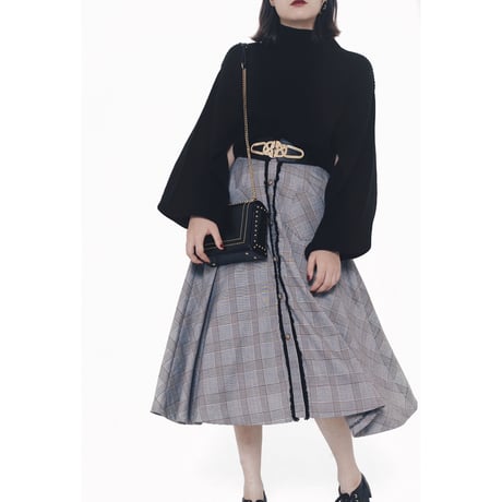 glen check fringe design flare skirt