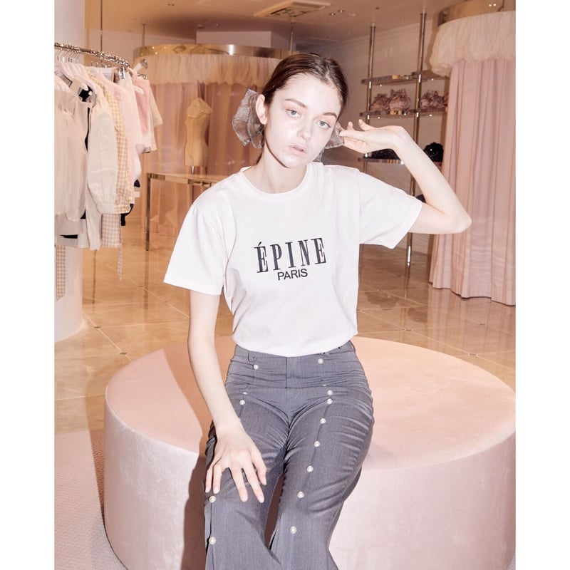 高評価！ tee embroidery PARIS ÉPINE baby épine | pink×black トップス