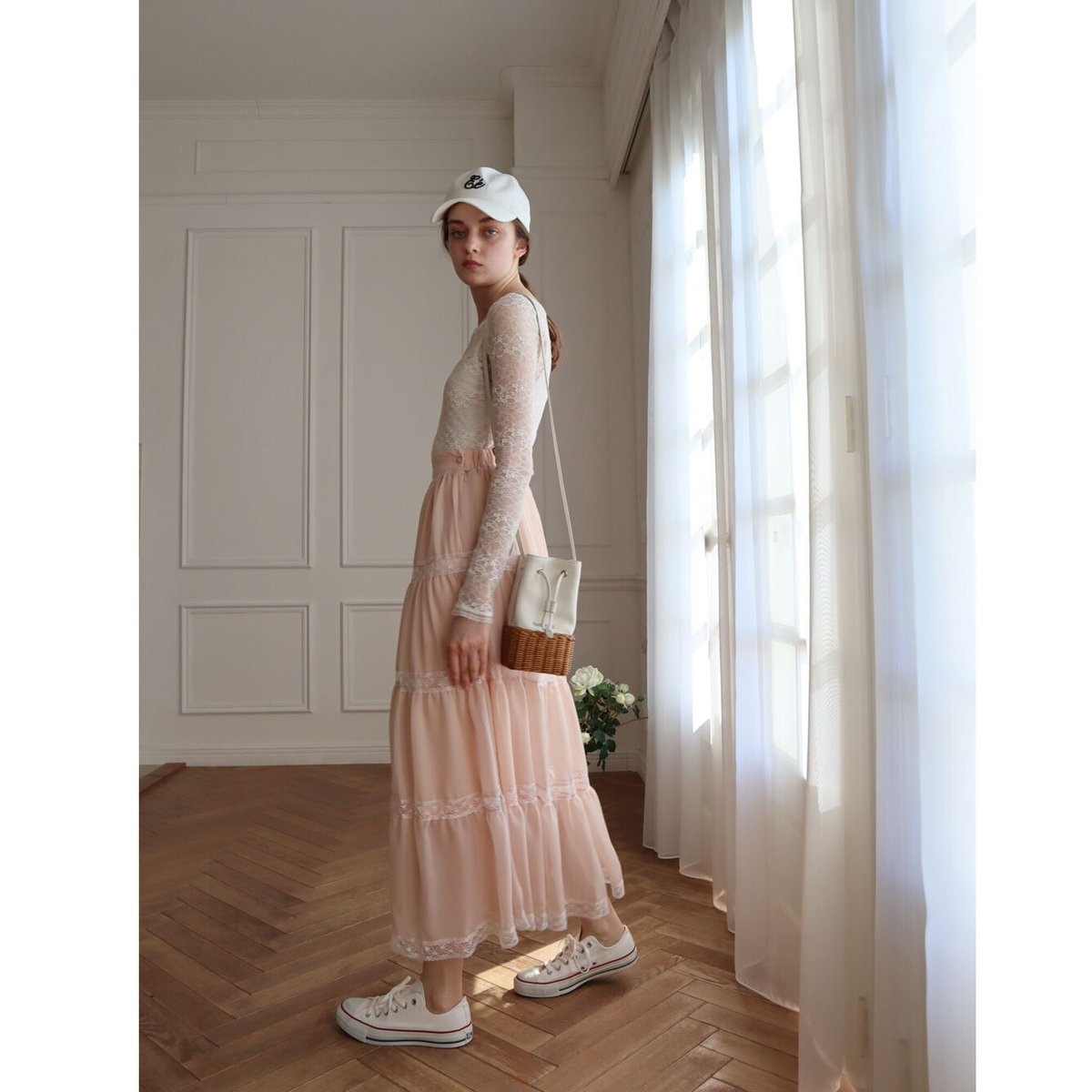 chiffon lace tiered long skirt pink beige | épine