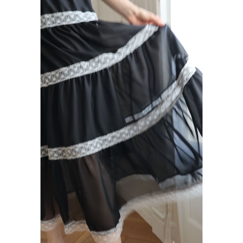 chiffon lace tiered long skirt black | épine