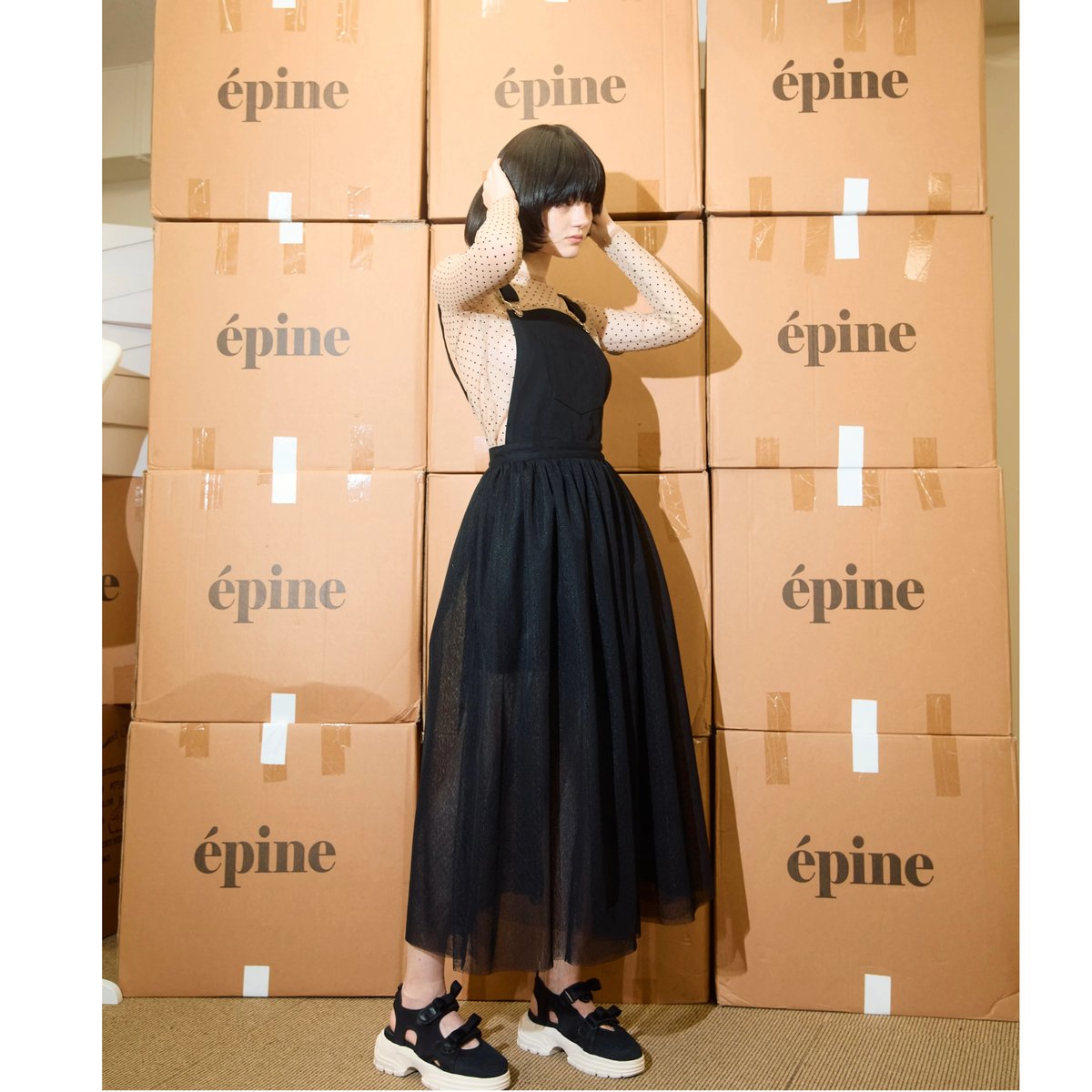 épine label pleats onepiece nylon black ワンピース 
