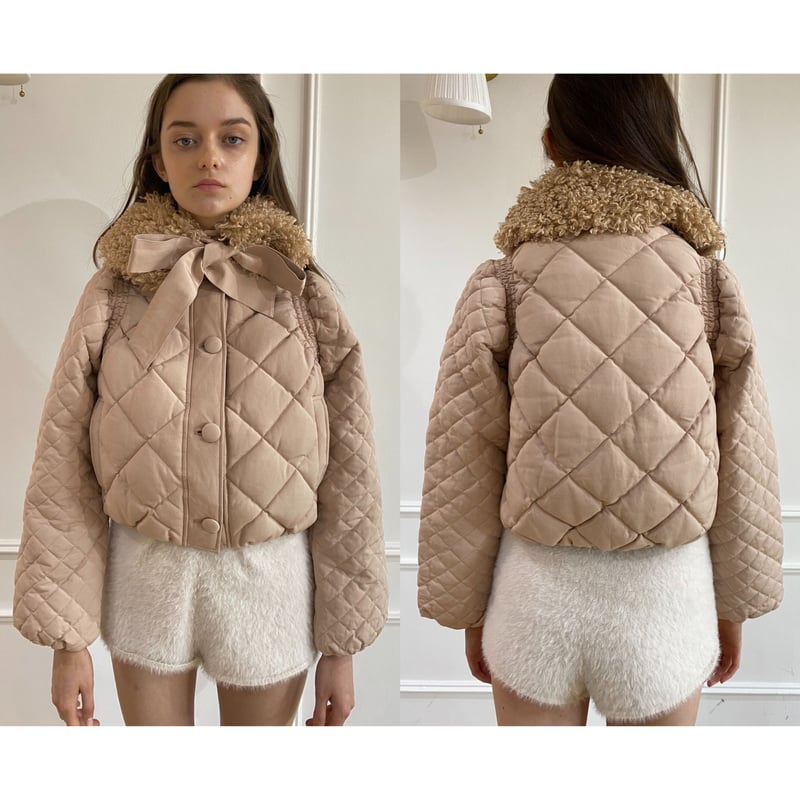 fur ribbon quilting short down coat pink beige fur ribbon quilting short down coat pink beige