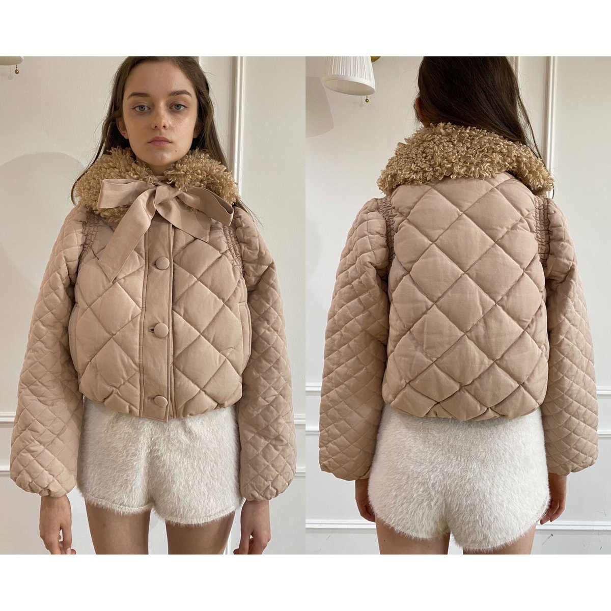 fur ribbon quilting short down coat pink beige