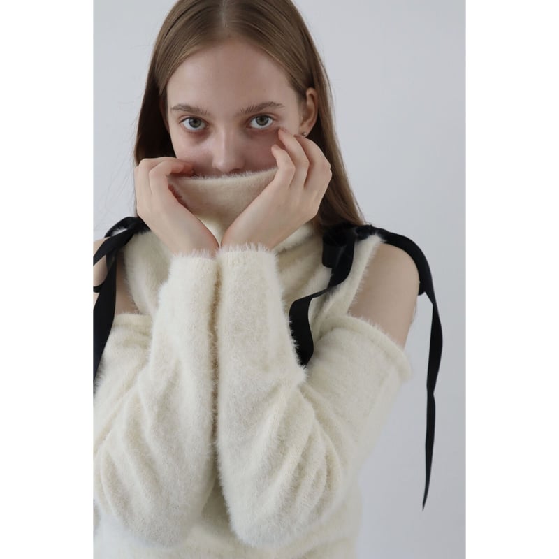 mohair ribbon shoulder off knit ivory | épine 