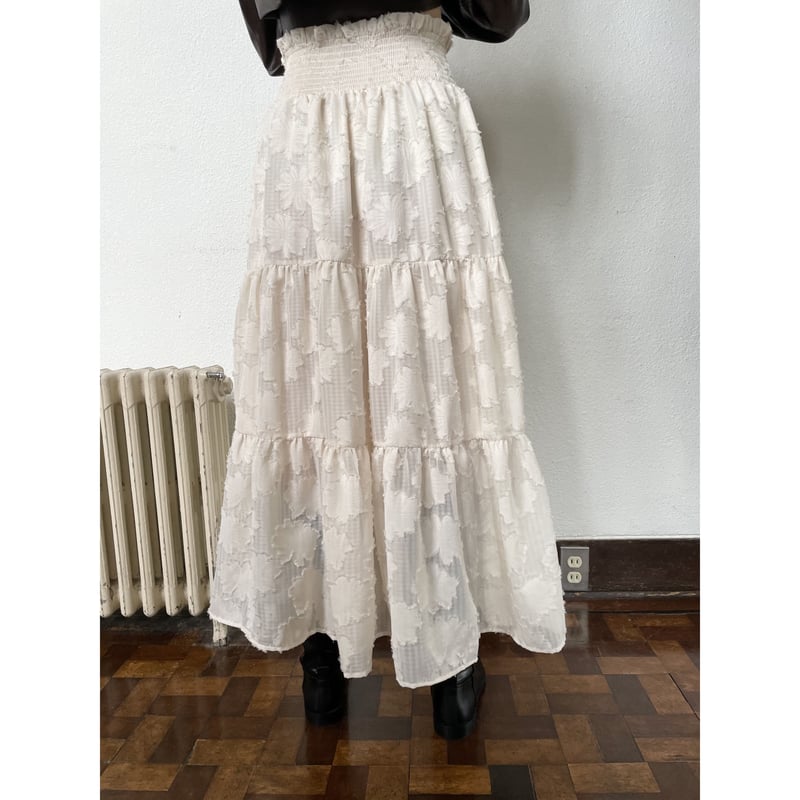 jacquard waist gather tiered long skirt ivory |