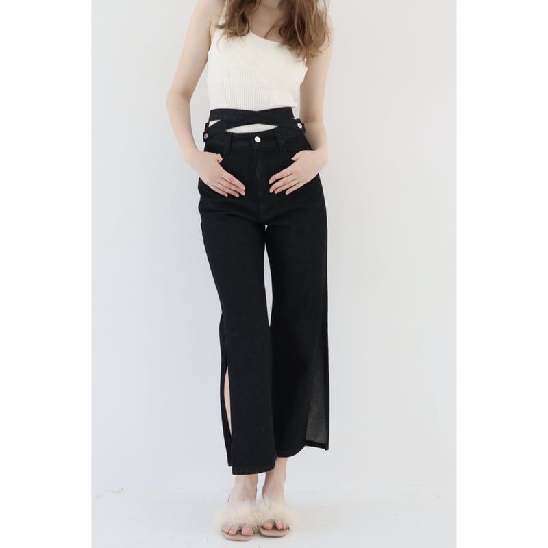 Eé ribbon side slit 2way jeans black | épine