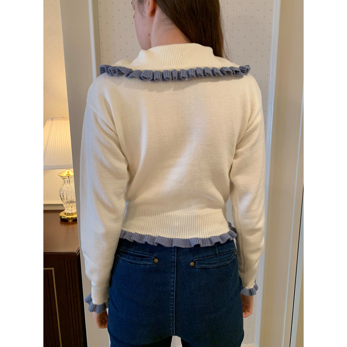 frill collar pearl knit cardigan ivory×ice blue
