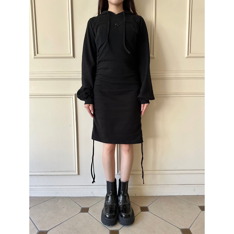 rhinestone ribbon gather hoodie onepiece(2color rhinestone ribbon gather hoodie onepiece(2color