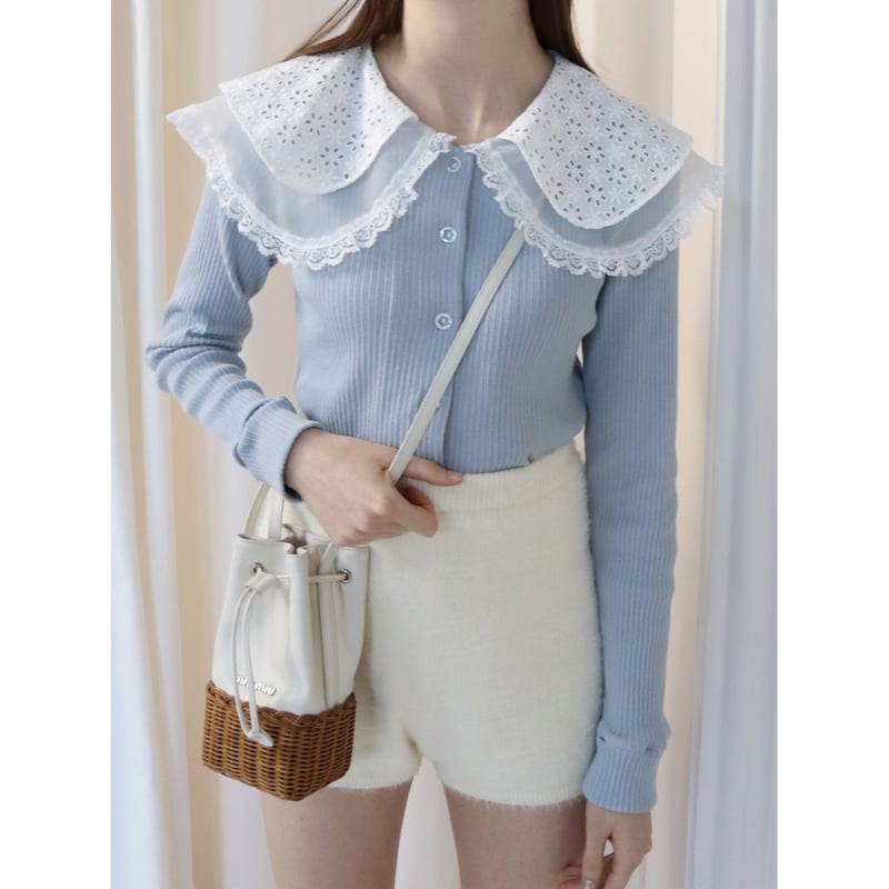 épine - epine シースルーレース襟リブカーディガン see-through lace collar rib cardigan ice blue |