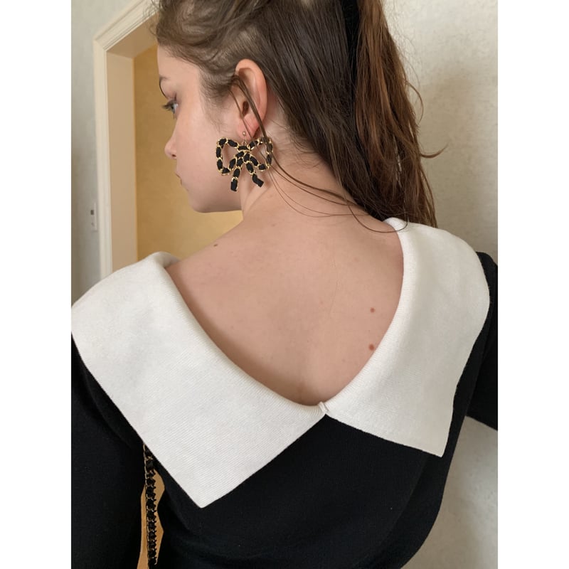 collar design Vneck knit onepiece black | épine