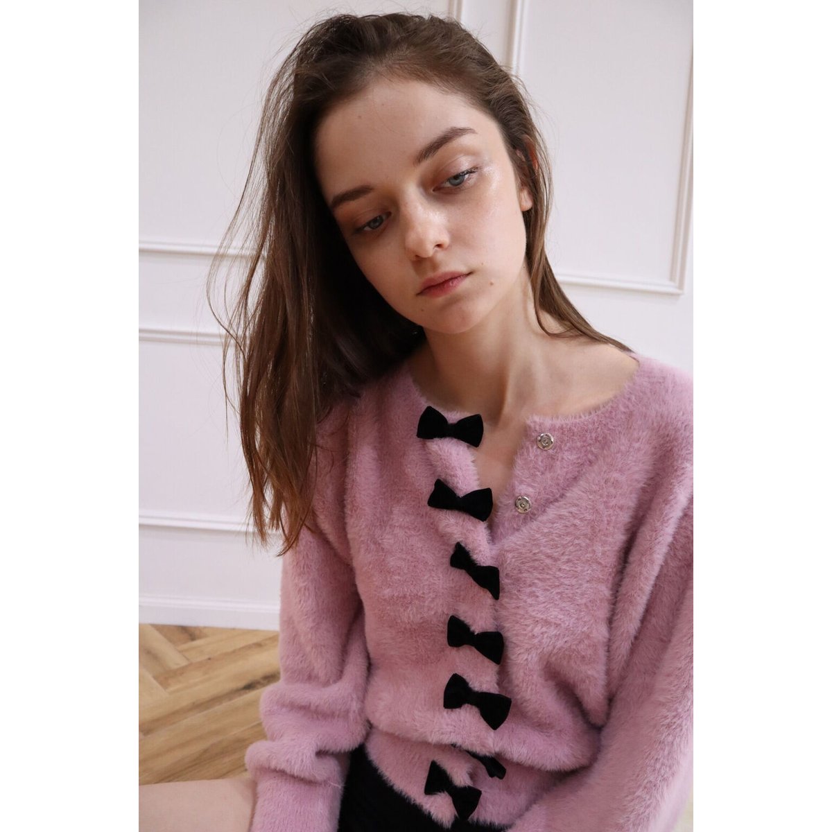 velours ribbon mohair shaggy knit cardigan pin