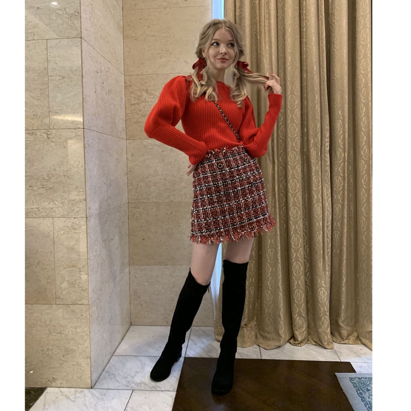 tweed double button mini skirt red | épine