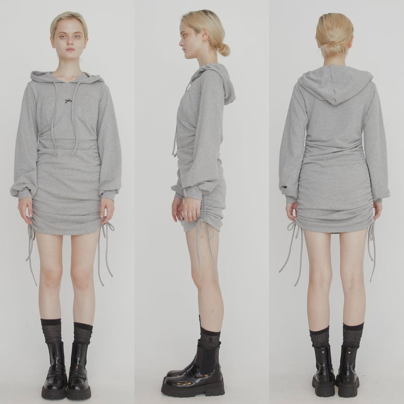 rhinestone ribbon gather hoodie onepiece(2color...